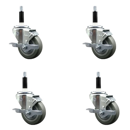 Service Caster 3.5'' SS Gray Poly Swivel 7/8'' Expanding Stem Caster Set with Brake, 4PK SCC-SSEX20S3514-PPUB-TLB-78-4
